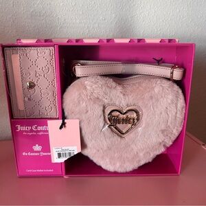 Juicy Couture Heart Faux Fur Blush Crossbody Bag and Card Case Gift Set New
